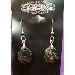 Natural Black Marbled Stone Dangle Earrings Teardrop Shape, Silver Tone, New